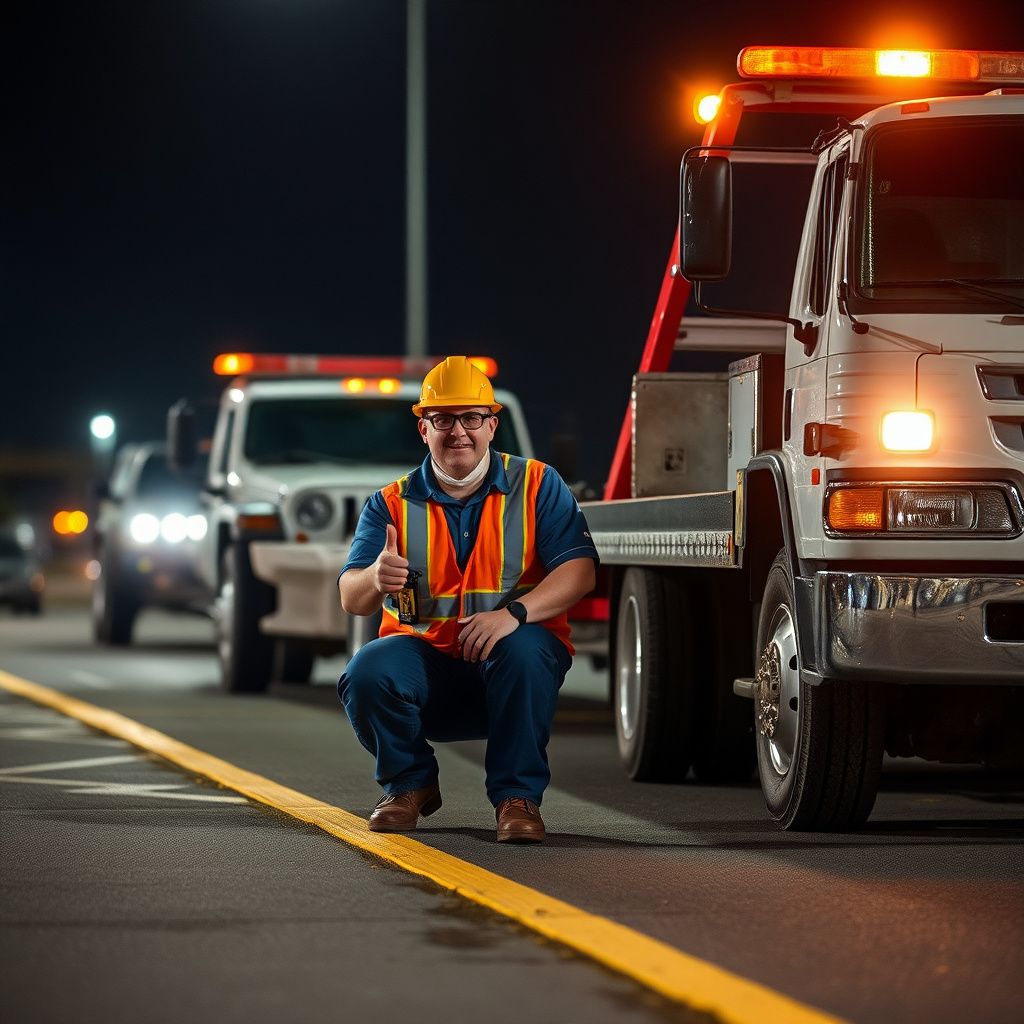 A Snappy Towing technician safely securing a vehicle onto a flatbed tow truck in a well-lit area of Altoona, Iowa, at dusk.