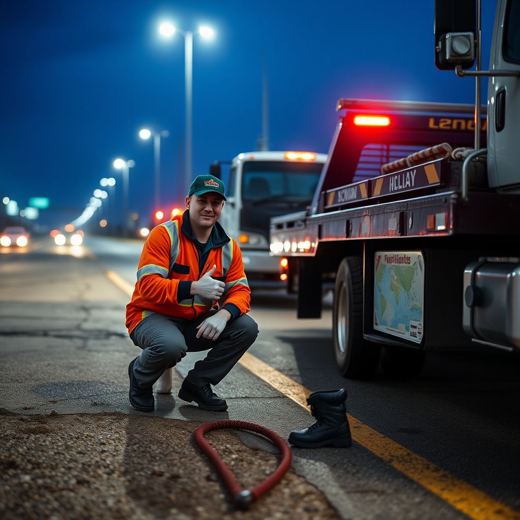 A Snappy Towing operator in a high-visibility vest securing a vehicle onto a flatbed truck at dusk on a quiet Perry, Iowa street.