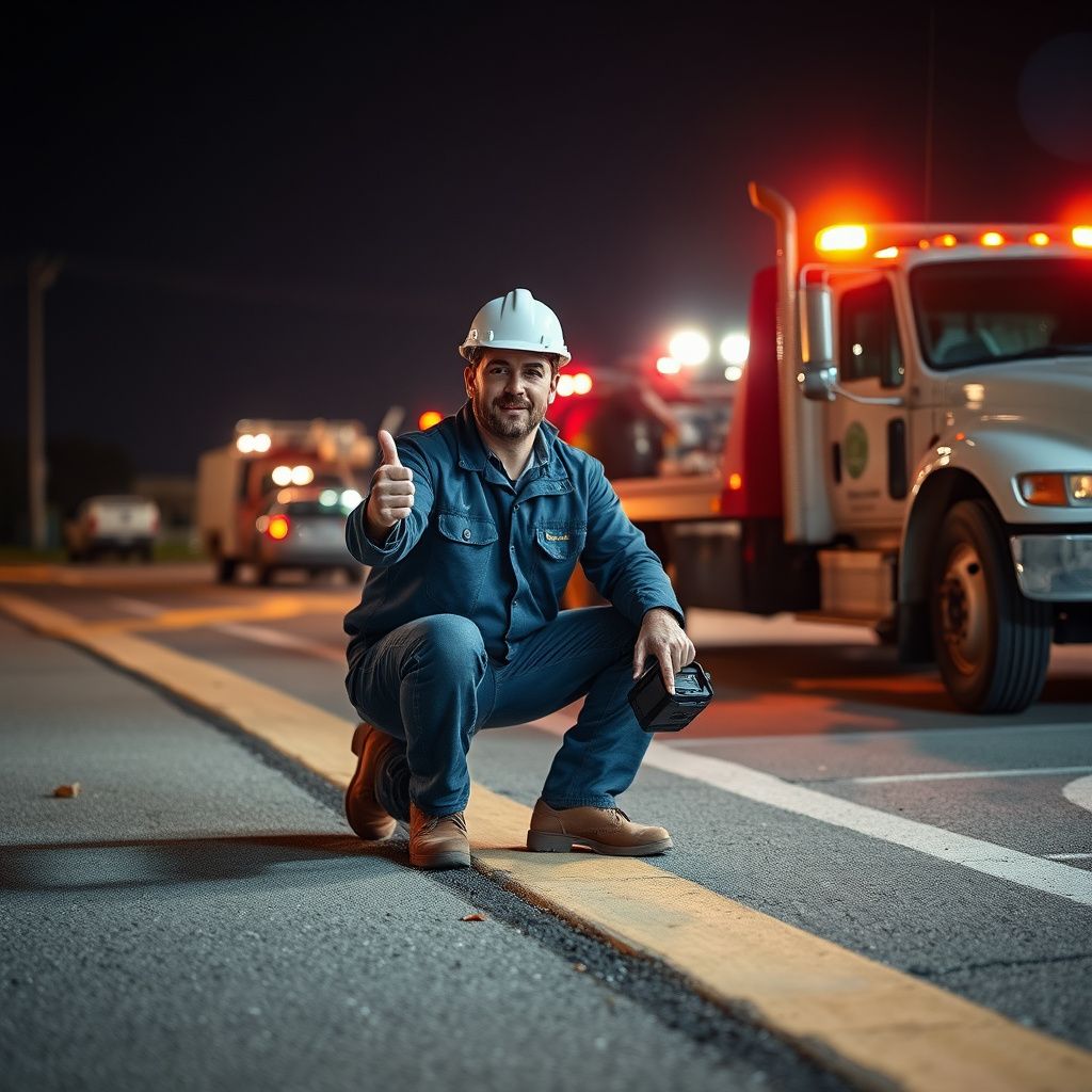 A Snappy Towing professional smiling while securing a vehicle onto a flatbed tow truck on a residential street in Waukee.