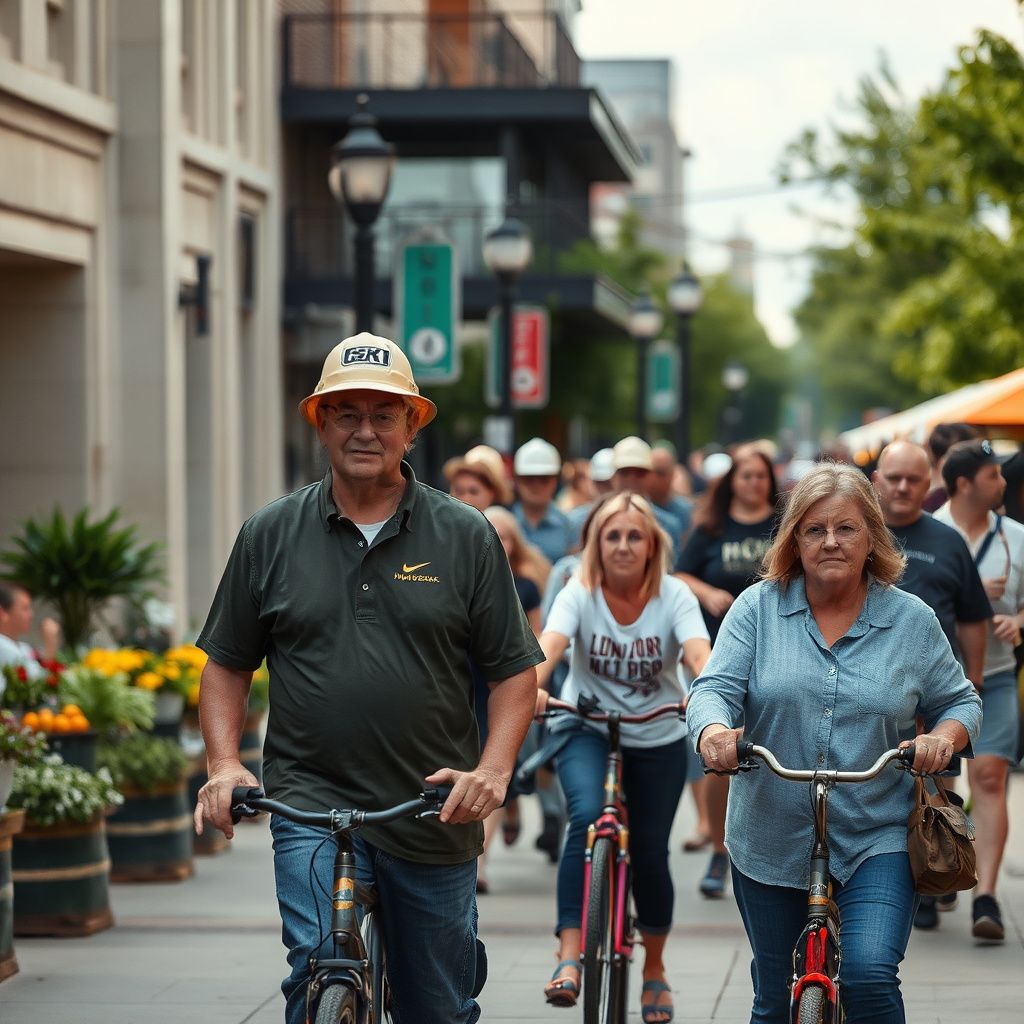 A bustling street scene in downtown Norwalk, Iowa, with local businesses and people walking, reflecting the community's vibrant character.